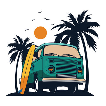 Summer vibes surfing board camper van vector illustration for t-shirt, patch, sticker print