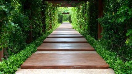 Obraz premium Wooden Pathway Through Lush Greenery