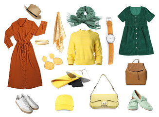 Fashionable women's clothes and accessories isolated on white. Stylish outfit collage