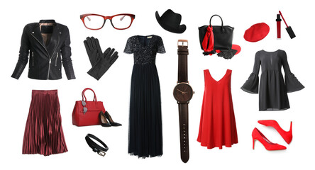 Fashionable women's clothes and accessories isolated on white. Stylish outfit collage