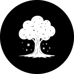 Stylized solitary tree with starlight aura in a stark black and white composition