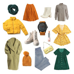 Fashionable women's clothes and accessories isolated on white. Stylish outfit collage
