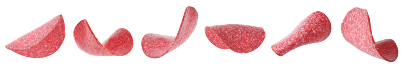 Salami sausage slices on white background, set