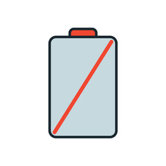 Empty battery symbol with alert slash indicating no charge left or battery malfunction in digital applications