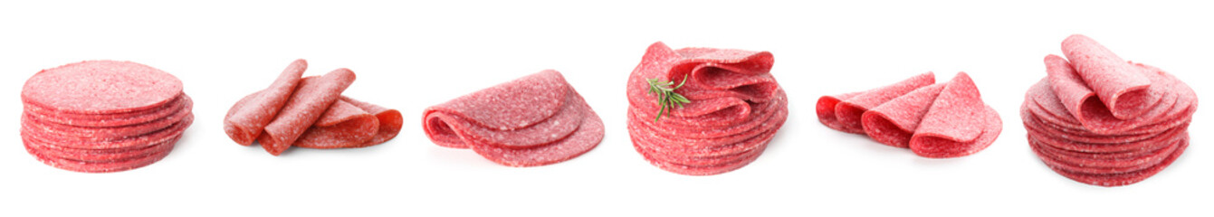 Salami sausage slices on white background, set