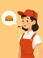 female fast food employee animated speech bubble wearing uniform including hat