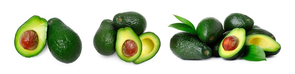 Fresh avocado fruits isolated on white, set