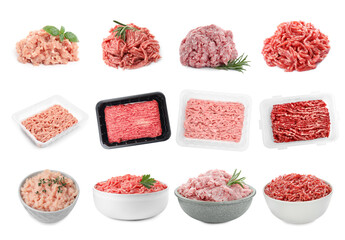 Fresh raw minced meat on white background, collage