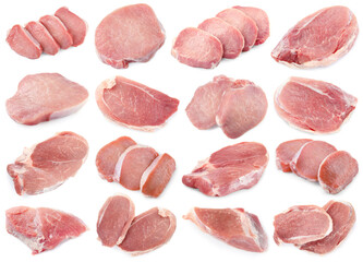 Fresh raw pork meat on white background, collage