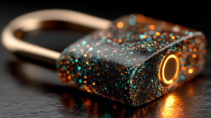 Digital Fortress: A Glowing Particle Lock Illuminating the Darkness, Symbolizing High-Tech Cybersecurity and the Invisible Shield of Data Protection