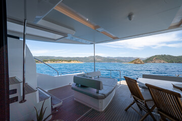 Interior of a Luxury Catamaran with Modern Design and Comfort

