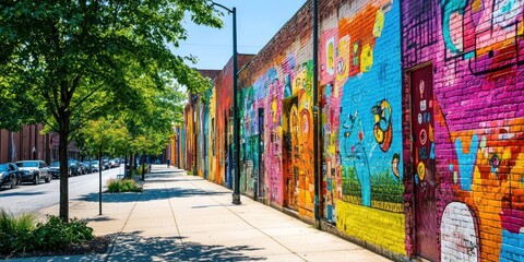 Urban neighborhood with colorful wall art