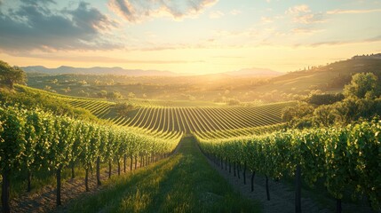 Naklejka premium Vineyard Rows Sunset Majestic Landscape