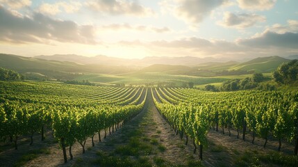 Fototapeta premium Vineyard rows at sunset, landscape, idyllic, rural, scenic