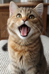 Obraz premium A cat yawning with its mouth open on a bed