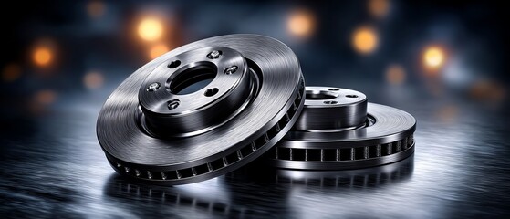 Precision metal rotor set poised against abstract glimmer