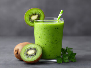 a green kiwi milkshake with black seeds visible, topped with a slice of kiwi.