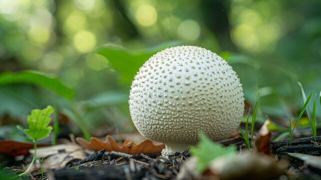 White puffball mushroom on the forest floor. Wild fungi, nature, woodland.