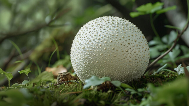 A puffball mushroom grows amongst green foliage.