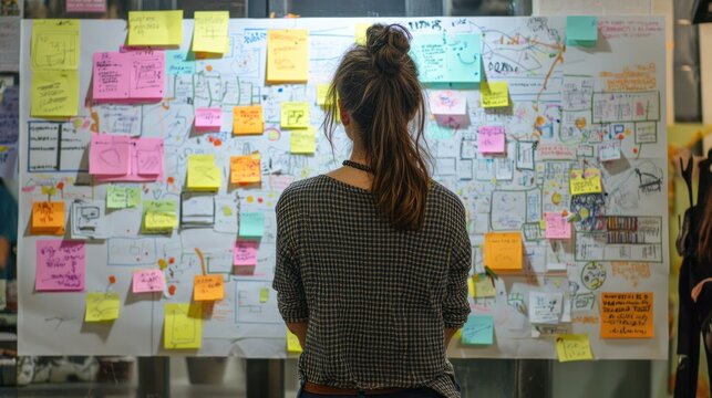 UX expert mapping user journey on sticky notes, clean wall