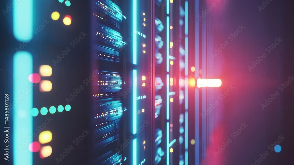 Poster stylized corridor of data servers with blue and pink lights glowing in a futuristic setting, ideal f