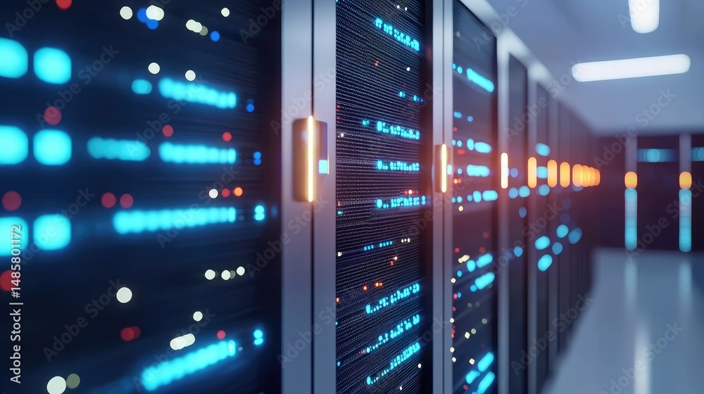 Aufkleber Futuristic data center with glowing server panels and reflections in a clean corridor, perfect for cloud tech ads, IT services, and cybersecurity marketing