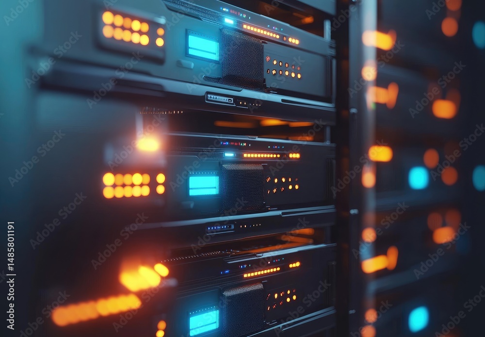 Poster 3D rendering of illuminated server racks with glowing lights and display panels, ideal for tech websites, cloud service ads, and IT infrastructure presentations