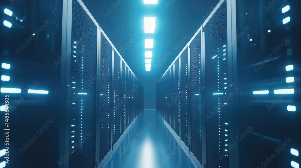 Poster symmetrical hallway of sleek server racks glowing with blue lights in a clean data center, ideal for
