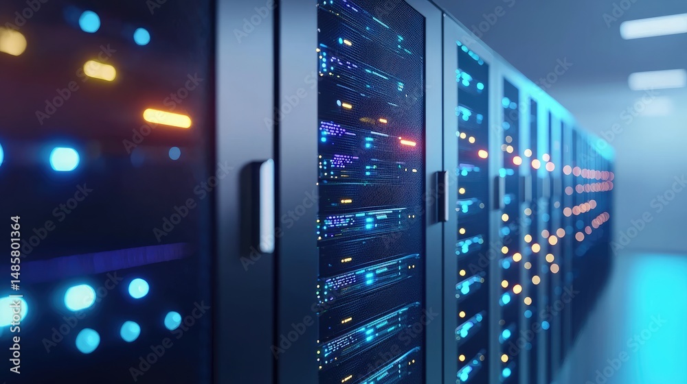 Poster Close-up view of modern server racks with multicolored LED lights in a clean tech environment, ideal for cloud hosting ads, IT brochures, and network technology visuals