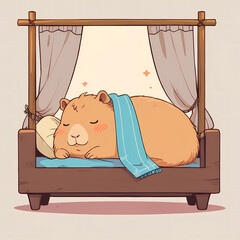 Capybara sleeping in bed