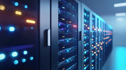 Close-up view of modern server racks with multicolored LED lights in a clean tech environment, ideal for cloud hosting ads, IT brochures, and network technology visuals