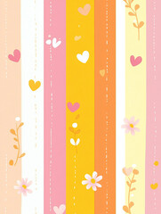 Create a clean and high quality Lively pastel stripes with hearts and flowers, on a bright yellow, teal, red white background, high resolution, Made with generative AI
