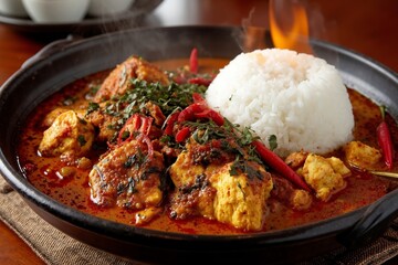 A plate of food with rice and meat on a table