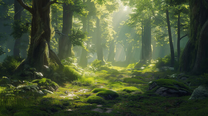 Obraz premium Lush green forest with mossy ground, sunbeams filtering through tall trees, immersive and quiet atmosphere, no human trace, hyper-realistic nature scene