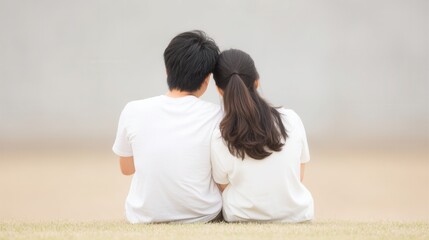 Fototapeta premium A couple sits closely together, sharing a peaceful moment outdoors