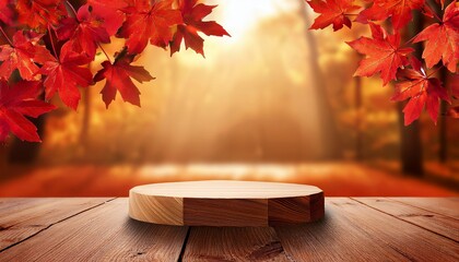 autumn background scene with red maple leaves and wooden podium stand