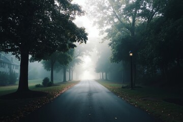 Obraz premium A foggy street lined with trees in the middle of a park