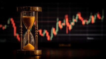 Hourglass with Golden Frame and Flowing Sand Against Stock Market Chart Background in Soft Focus