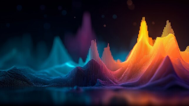 Colorful abstract sound waves with glowing peaks and valleys representing audio visualization in a dark background