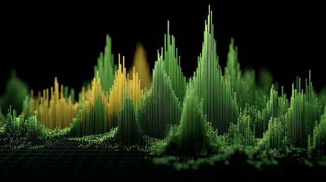 Abstract digital sound wave visualization in vibrant green and yellow tones on dark background for creative digital projects