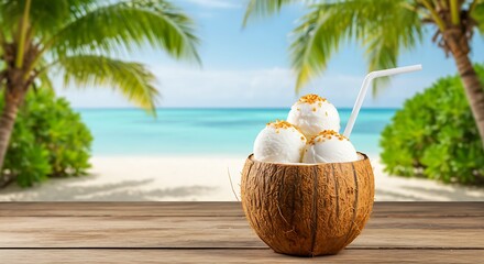 Obraz premium Coconut shell filled with ice cream scoops and a straw, set on a wooden surface with a beach and palm trees in the background.