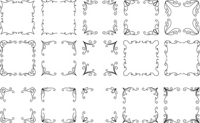 Hand-drawn ornate square frames and corner decorations &ndash; vintage floral border elements for invitations, certificates, greeting cards, scrapbooking, and elegant decorative designs

