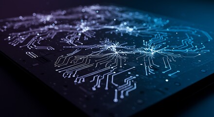Circuit Board Close-up with Glowing Lines and Blue Hue
