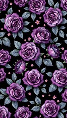 A black  background pattern with purple roses, green leaves, and small pink flowers. 