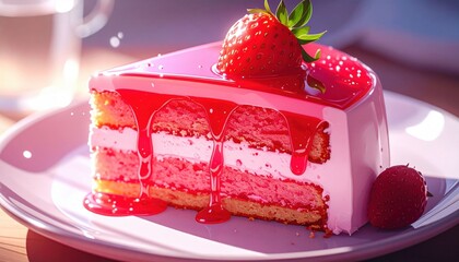 Pink Strawberry Cake Slice Close Up
