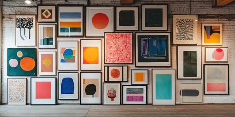Wall filled with framed modern art