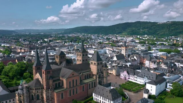 Summer skyline cityscape of Trier, Rhineland-Palatinate, Moselle, Germany. Wide panoramic aerial view of Trierer Dom (Trier Saint Peter's Cathedral) and city landmarks