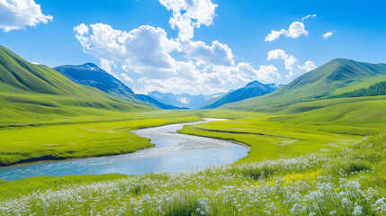 A bright and vivid mountain landscape under a clear blue sky, lush green meadows, a winding river, and scattered wildflowers clean and vibrant style wallpaper