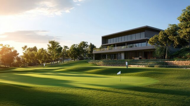 modern golf course clubhouse and green