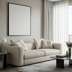 Frame mockup, ISO A paper size. Living room wall poster mockup. Interior mockup with house background. Modern interior design. 3D render 